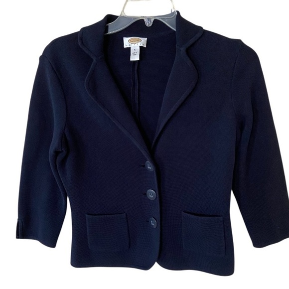 Talbots Petites Classic Navy Sweater Blazer size S, 100% Cotton,pockets, buttons - Picture 1 of 4